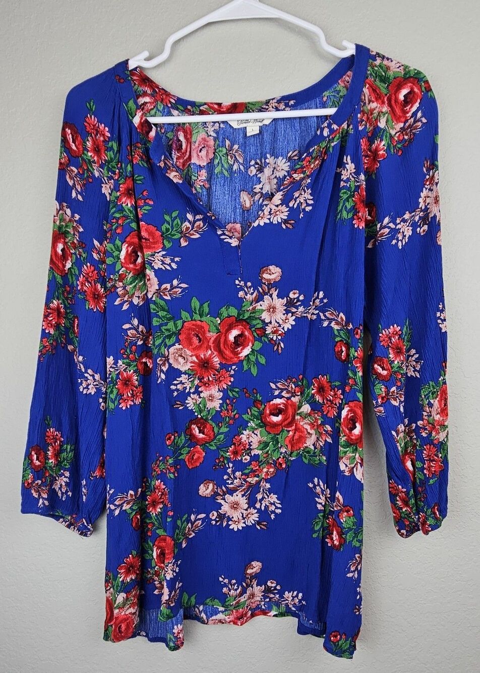 Pioneer Woman Women's Large Floral Blouse Peasant Top Shirt Blue V Neck Rayon
